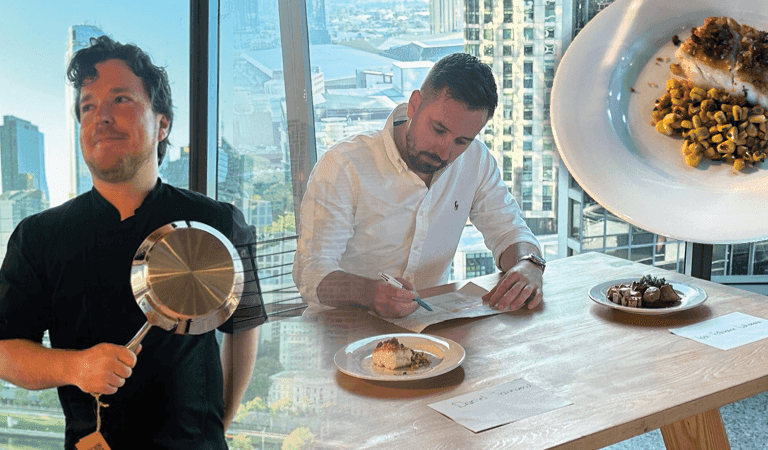 Daniel Townsend holding a copper skillet  merged with an image of a  guest chef judging his winning dish